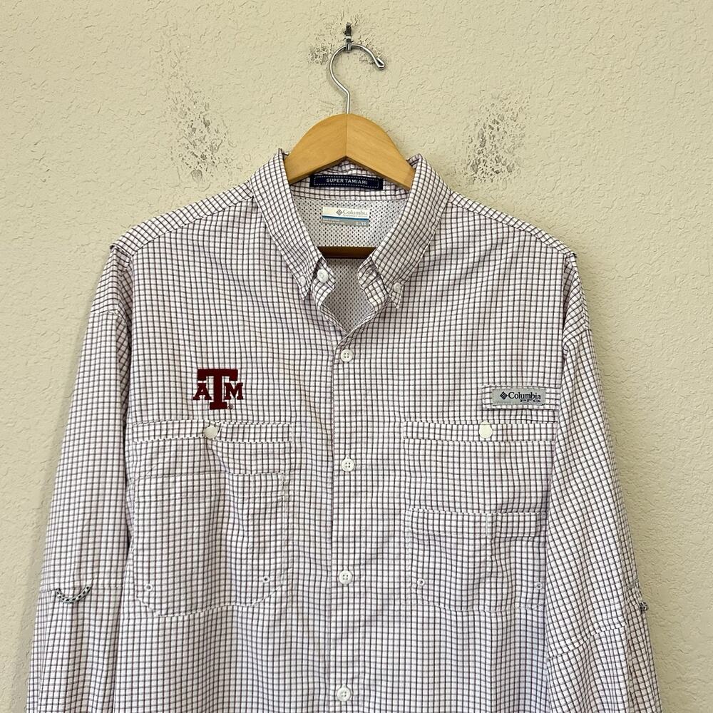 COLUMBIA PFG Super Tamiami Shirt White Burgundy Check Texas A&M Fishing - Picture 3 of 12
